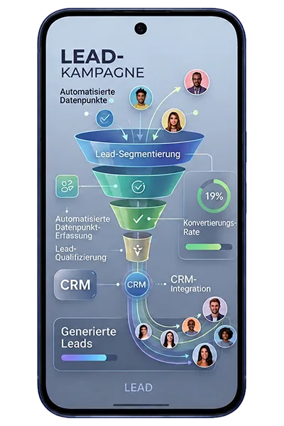 Lead-Kampagne — Funnel-Segmentierung, automatisierte Datenpunkte, CRM-Integration